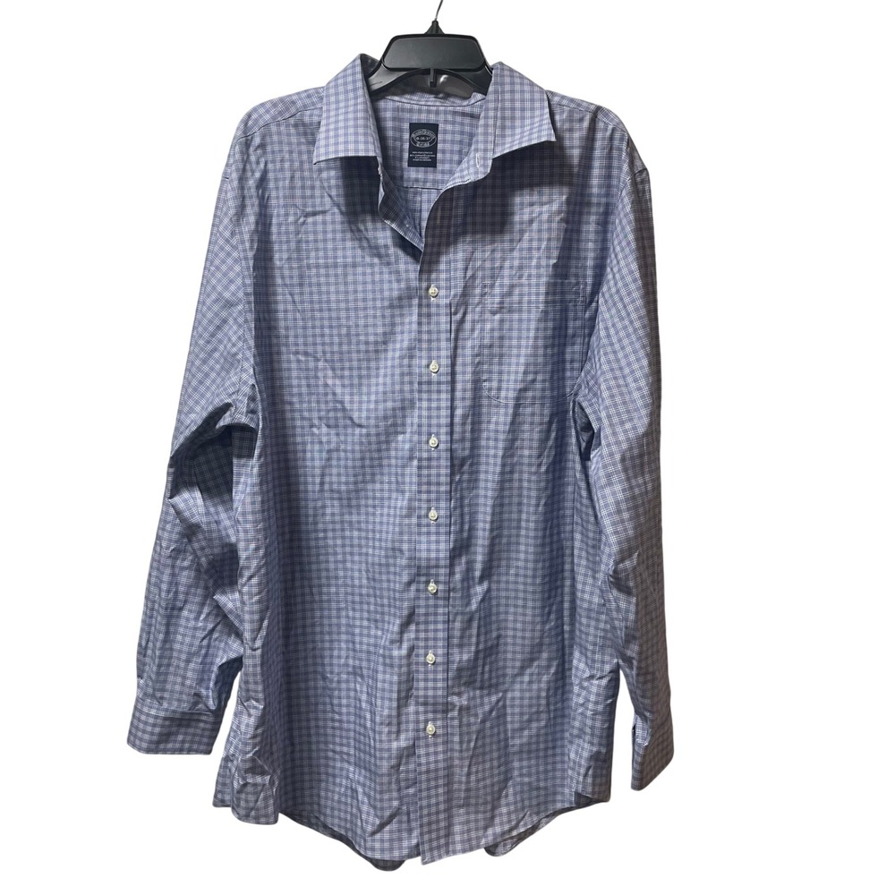 Brooks Brothers Non Iron Stretch‎ Plaid Dress Shirt Men 18 36 37 Blue White